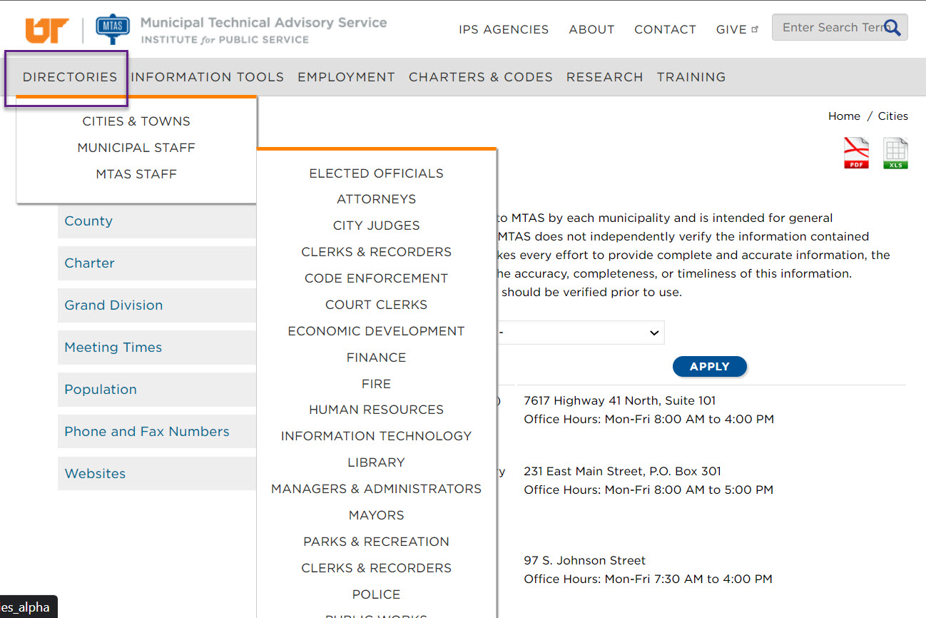 Screenshot of Directory web link on www.mtas.tennessee.edu website